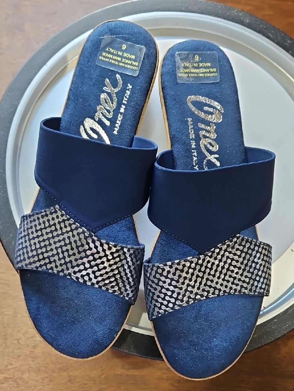 Onex Navy Blue Metallic Pattern Slide Mules
